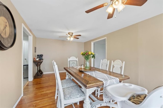 8700 Independence Ave, Kansas City, MO 64125 - dining space featuring a ceiling fan, light wood-type flooring, and baseboards