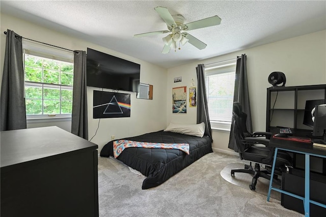 8 Apache Dr, Lake Winnebago, MO 64034 - bedroom featuring multiple windows, an office area, carpet flooring, a textured ceiling, and ceiling fan