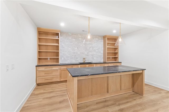18568 W 180th Ct, Olathe, KS 66062 - bar area with a sink, backsplash, baseboards, light wood-style flooring, and recessed lighting