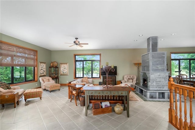 1672 N 1st Rd, Baldwin City, KS 66006 - living room featuring plenty of natural light, ceiling fan, tile patterned floors, recessed lighting, and a large fireplace