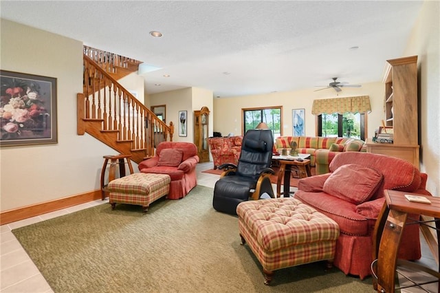 1672 N 1st Rd, Baldwin City, KS 66006 - tiled living area with stairs, recessed lighting, a textured ceiling, and ceiling fan