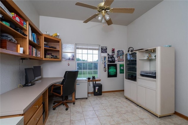 1672 N 1st Rd, Baldwin City, KS 66006 - office featuring a ceiling fan, built in study area, baseboards, and light tile patterned flooring
