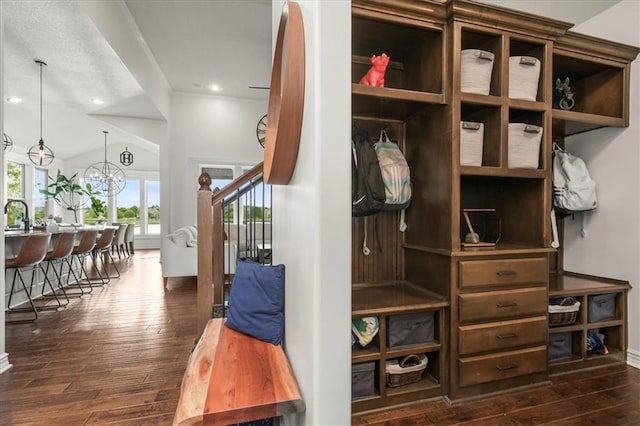 8909 SE 1st St, Blue Springs, MO 64064 - mudroom with dark wood finished floors, a chandelier, recessed lighting, and baseboards