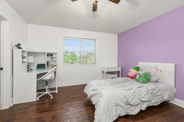 8909 SE 1st St, Blue Springs, MO 64064 - bedroom featuring hardwood / wood-style flooring, vaulted ceiling, baseboards, an office area, and ceiling fan