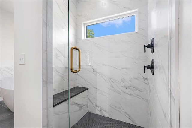 6932 Kenton St, Shawnee, KS 66226 - bathroom with a marble finish shower and a soaking tub