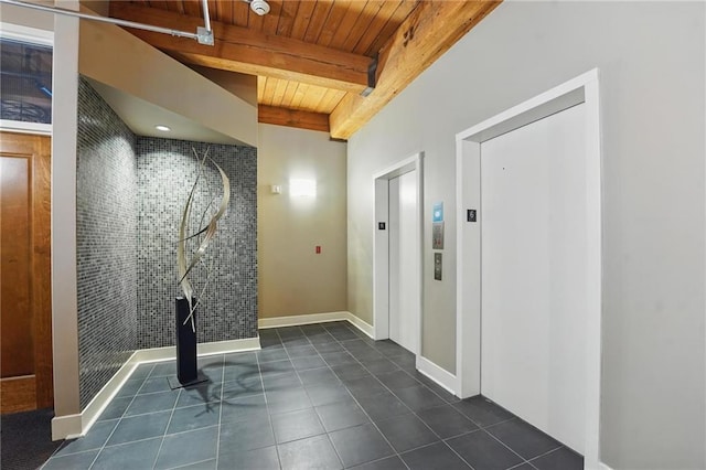 712 Broadway Blvd Unit 607, Kansas City, MO 64105 - hall featuring wood ceiling with exposed beams, elevator, and dark tile patterned flooring