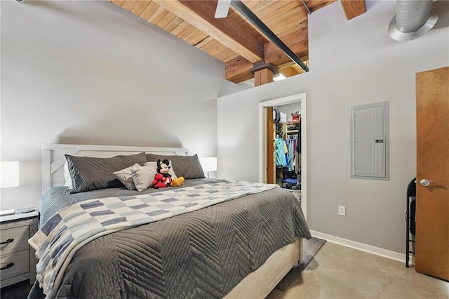 712 Broadway Blvd Unit 607, Kansas City, MO 64105 - bedroom with electric panel, wood ceiling, a walk in closet, a closet, and baseboards
