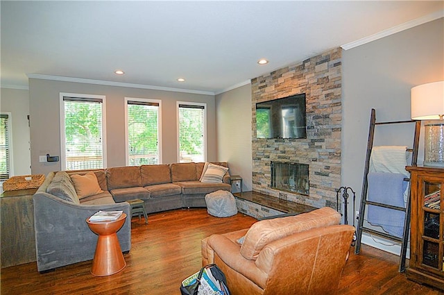 1101 SW Sunflower Dr, Lees Summit, MO 64081 - living area featuring wood finished floors, ornamental molding, a stone fireplace, and recessed lighting