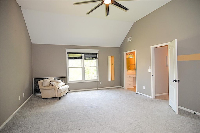 1101 SW Sunflower Dr, Lees Summit, MO 64081 - sitting room featuring ceiling fan, carpet flooring, baseboards, and high vaulted ceiling