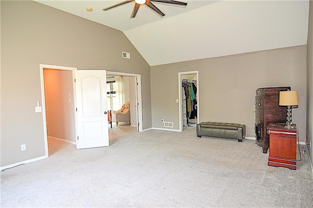 1101 SW Sunflower Dr, Lees Summit, MO 64081 - unfurnished bedroom featuring carpet flooring, a spacious closet, baseboards, high vaulted ceiling, and ceiling fan