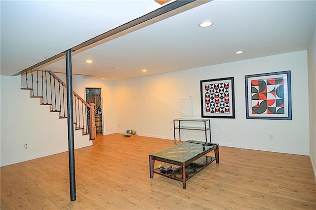 1101 SW Sunflower Dr, Lees Summit, MO 64081 - living area featuring light wood finished floors, stairway, recessed lighting, and baseboards