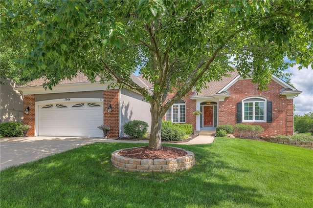 7904 W 153rd Ter, Overland Park, KS 66223 - view of front of house featuring driveway, a garage, a front lawn, and brick siding