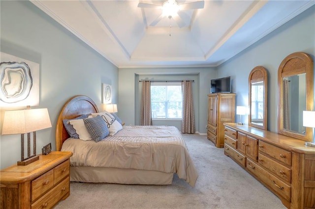 7904 W 153rd Ter, Overland Park, KS 66223 - bedroom with a tray ceiling, light colored carpet, and a ceiling fan