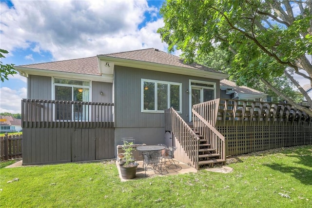 7904 W 153rd Ter, Overland Park, KS 66223 - back of house with a wooden deck, stairs, roof with shingles, and a patio area