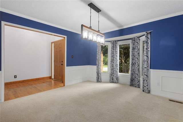 2432 SE 6th St, Lees Summit, MO 64063 - spare room with carpet flooring, crown molding, wainscoting, a decorative wall, and a textured ceiling