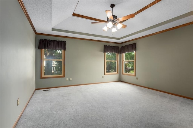 2432 SE 6th St, Lees Summit, MO 64063 - unfurnished room with a tray ceiling, carpet floors, crown molding, ceiling fan, and a textured ceiling