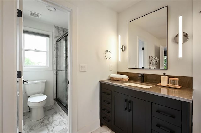 110 Cherokee Ln, Lake Winnebago, MO 64034 - bathroom featuring marble finish floors, baseboards, vanity, toilet, and a shower stall