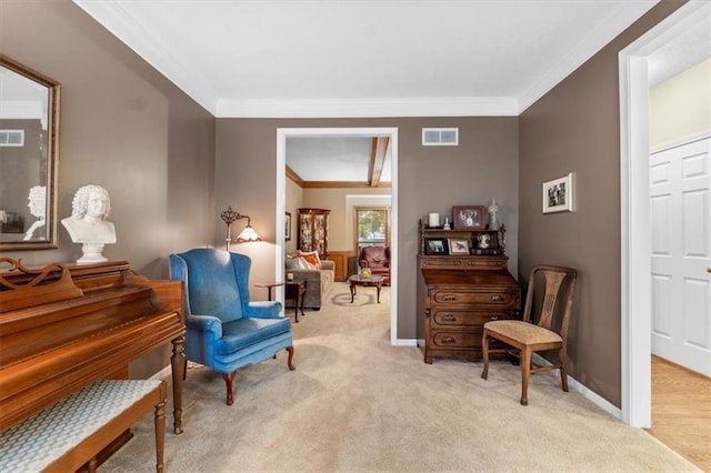 12806 Goddard Ave, Overland Park, KS 66213 - living area with light carpet, ornamental molding, and baseboards