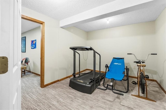 12806 Goddard Ave, Overland Park, KS 66213 - exercise room featuring carpet floors, a textured ceiling, and baseboards