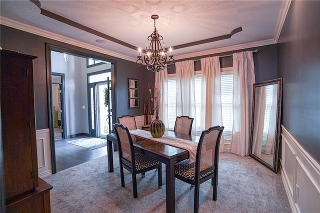 3832 SW Boulder Dr, Lees Summit, MO 64082 - dining area featuring a raised ceiling, a chandelier, crown molding, a wainscoted wall, and carpet flooring