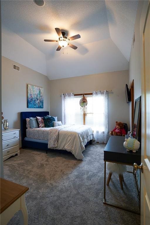 3832 SW Boulder Dr, Lees Summit, MO 64082 - carpeted bedroom with lofted ceiling, ceiling fan, and a textured ceiling