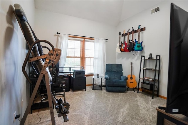 3832 SW Boulder Dr, Lees Summit, MO 64082 - exercise room with vaulted ceiling, carpet flooring, and baseboards
