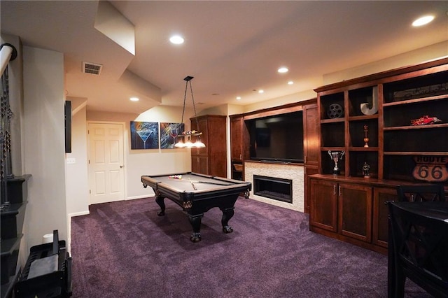 3832 SW Boulder Dr, Lees Summit, MO 64082 - playroom with dark carpet, billiards table, recessed lighting, and a fireplace