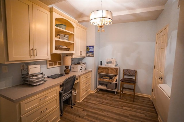 3832 SW Boulder Dr, Lees Summit, MO 64082 - office with built in desk, dark wood-style floors, a chandelier, and baseboards