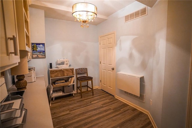 3832 SW Boulder Dr, Lees Summit, MO 64082 - office with dark wood-style flooring, a chandelier, heating unit, and baseboards
