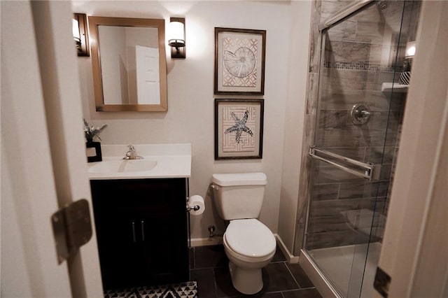 3832 SW Boulder Dr, Lees Summit, MO 64082 - bathroom featuring vanity, toilet, tile patterned floors, and a shower stall