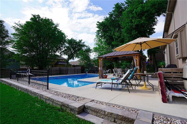 3832 SW Boulder Dr, Lees Summit, MO 64082 - view of swimming pool featuring a gazebo, a fenced backyard, and a patio