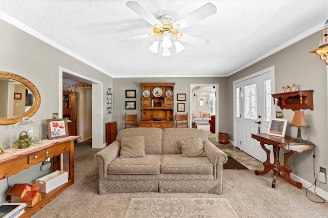 6246 Woodland Dr, Shawnee, KS 66218 - carpeted living area with ceiling fan, crown molding, baseboards, and a textured ceiling