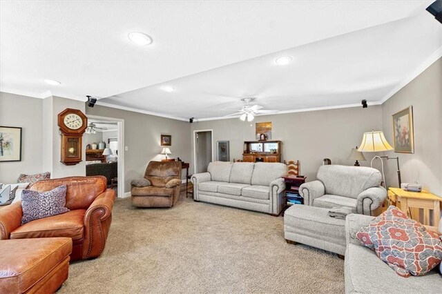 6246 Woodland Dr, Shawnee, KS 66218 - carpeted living room with a ceiling fan, ornamental molding, and recessed lighting