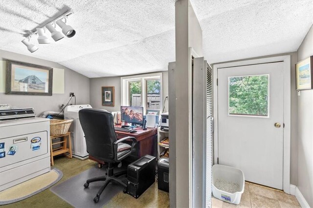 6246 Woodland Dr, Shawnee, KS 66218 - home office featuring washer / clothes dryer, a textured ceiling, and baseboards