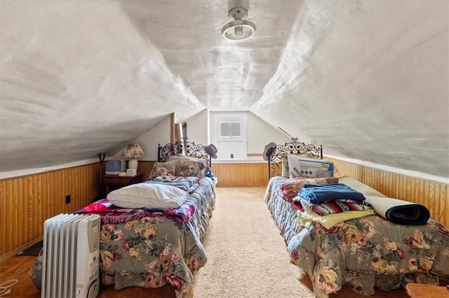 6246 Woodland Dr, Shawnee, KS 66218 - bedroom with wooden walls, lofted ceiling, and carpet