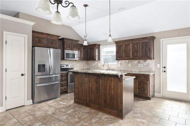 486 S 137th Pl, Bonner Springs, KS 66012 - kitchen with stainless steel appliances, dark brown cabinets, decorative backsplash, a kitchen breakfast bar, and vaulted ceiling