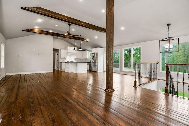 2308 W 95th St, Leawood, KS 66206 - unfurnished living room with dark wood-type flooring, ceiling fan, and recessed lighting