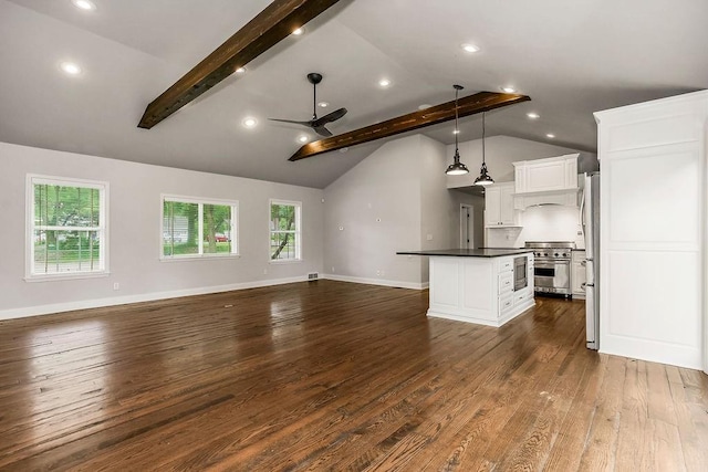 2308 W 95th St, Leawood, KS 66206 - unfurnished living room with ceiling fan, dark wood-style flooring, and recessed lighting