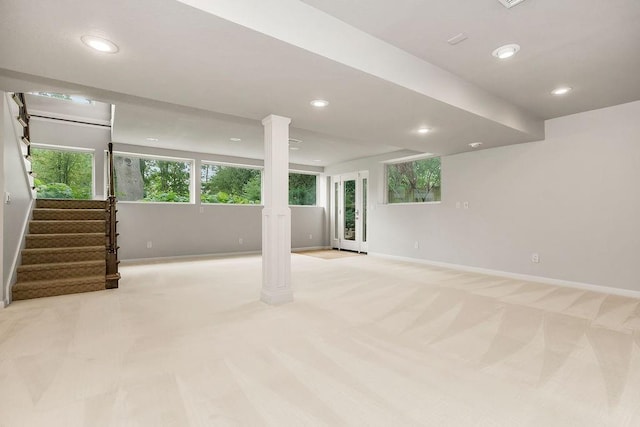 2308 W 95th St, Leawood, KS 66206 - basement with light carpet, recessed lighting, and stairs