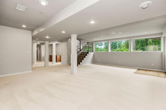 2308 W 95th St, Leawood, KS 66206 - basement with light carpet, stairs, and recessed lighting