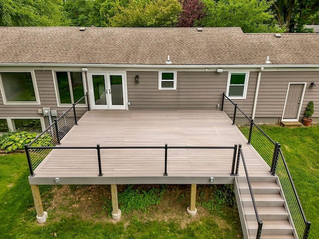 2308 W 95th St, Leawood, KS 66206 - rear view of property featuring a wooden deck, a lawn, french doors, and roof with shingles