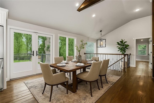 2308 W 95th St, Leawood, KS 66206 - dining space featuring vaulted ceiling, french doors, light wood-type flooring, and recessed lighting