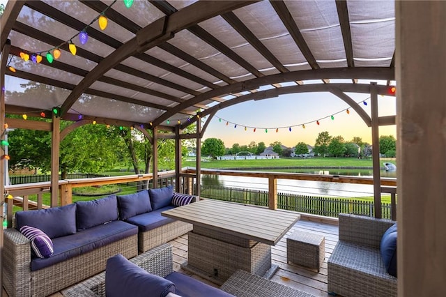 5916 NE Turquoise Dr, Lees Summit, MO 64064 - wooden terrace with an outdoor hangout area, a water view, and a pergola
