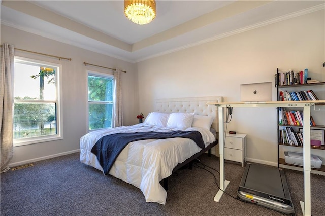 5916 NE Turquoise Dr, Lees Summit, MO 64064 - carpeted bedroom with baseboards, crown molding, and a chandelier