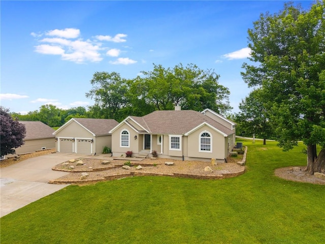1955 Birmingham Rd, Liberty, MO 64068 - ranch-style house with driveway, a front yard, an attached garage, stucco siding, and a shingled roof