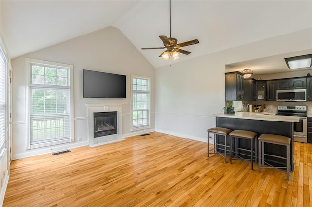 1955 Birmingham Rd, Liberty, MO 64068 - living room featuring light wood-type flooring, ceiling fan, vaulted ceiling, a glass covered fireplace, and plenty of natural light