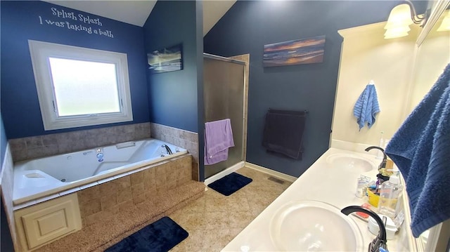 1512 SW 42nd Ct, Lees Summit, MO 64082 - bathroom featuring a shower stall, a whirlpool tub, vaulted ceiling, double vanity, and baseboards