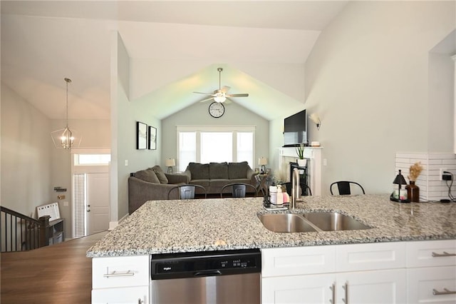 1905 Eagle Dr, Harrisonville, MO 64701 - kitchen featuring dishwasher, a sink, lofted ceiling, a ceiling fan, and plenty of natural light