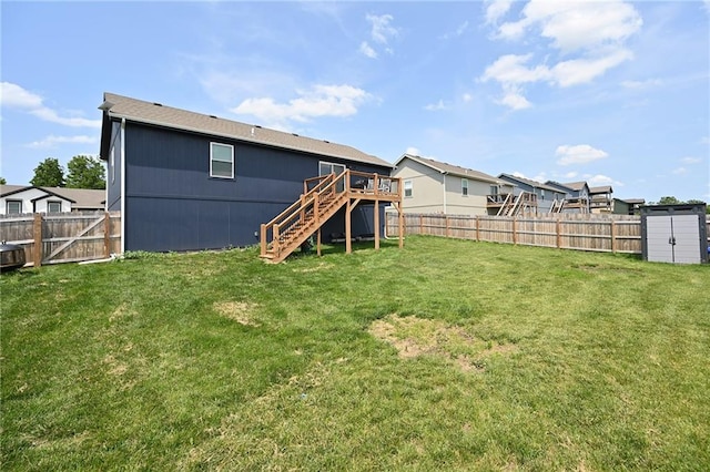 1905 Eagle Dr, Harrisonville, MO 64701 - rear view of house featuring stairs, a wooden deck, a residential view, and central AC unit