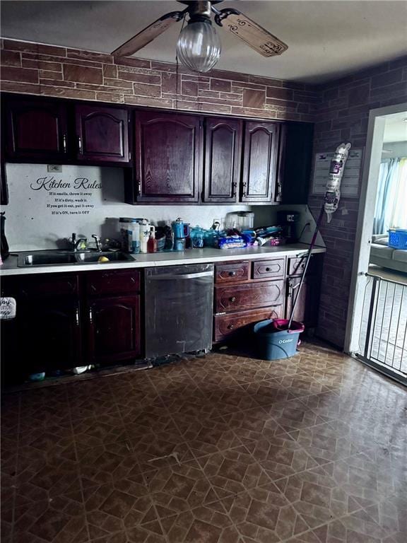 3301 Sioux Ln, Saint Joseph, MO 64503 - kitchen with dishwasher, a sink, light countertops, and a ceiling fan